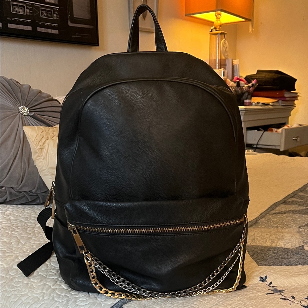 Saks Fifth Avenue Black Backpack with Gold Chain Accent